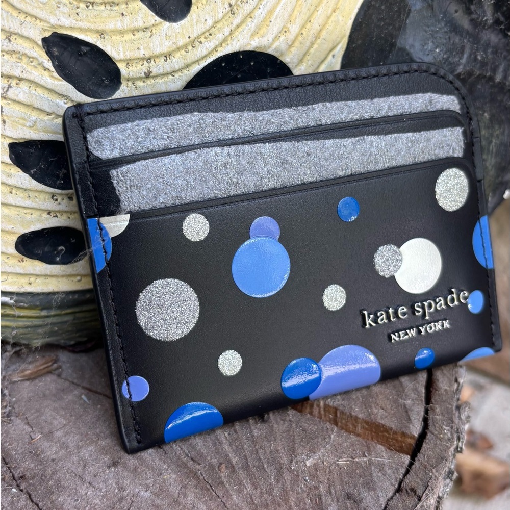 Authentic Kate Spade leather Card Holder with Blue and Silver glitter Dots